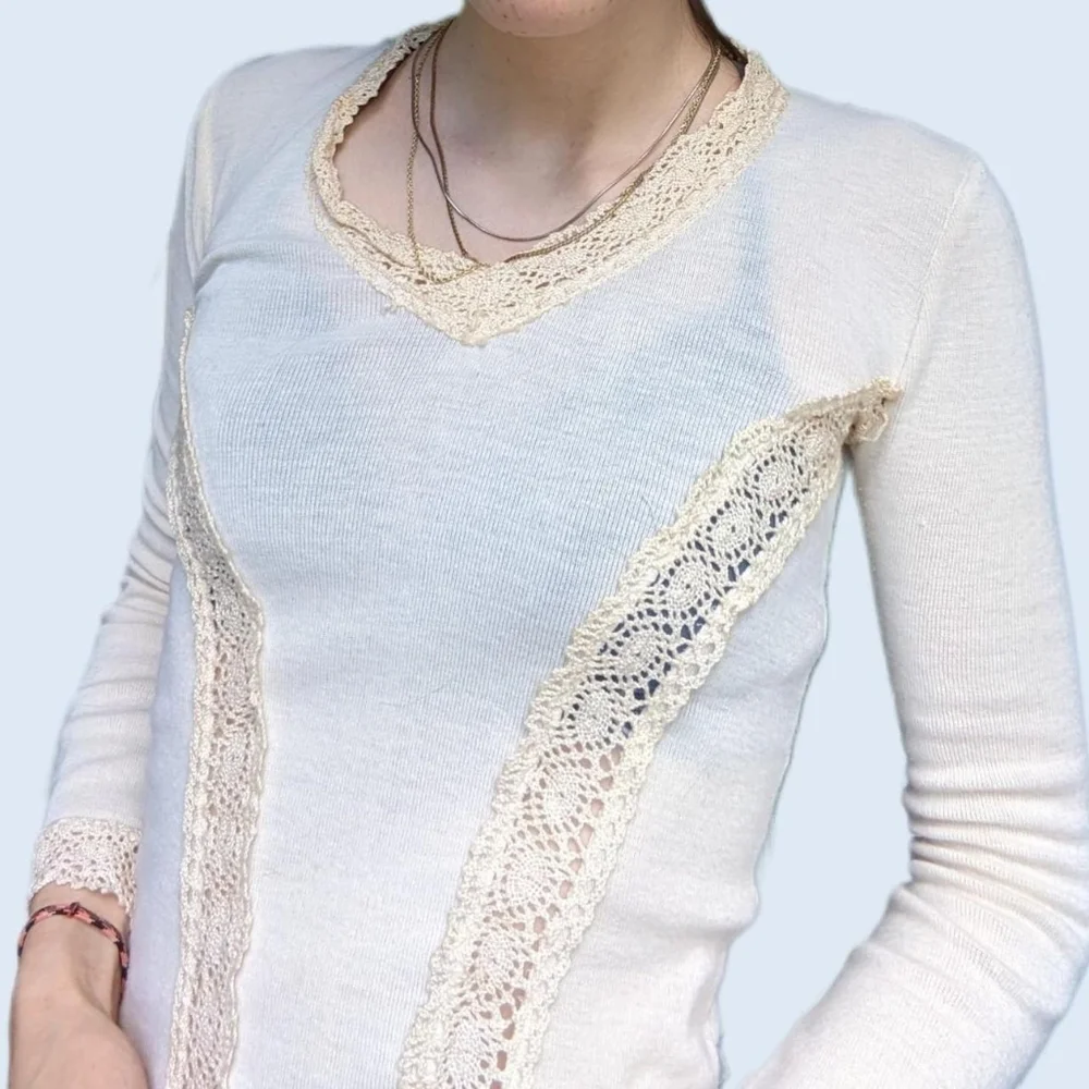 Vintage 70's Crotchet Trim Long Sleeve Blouse - Picture 3 of 5
